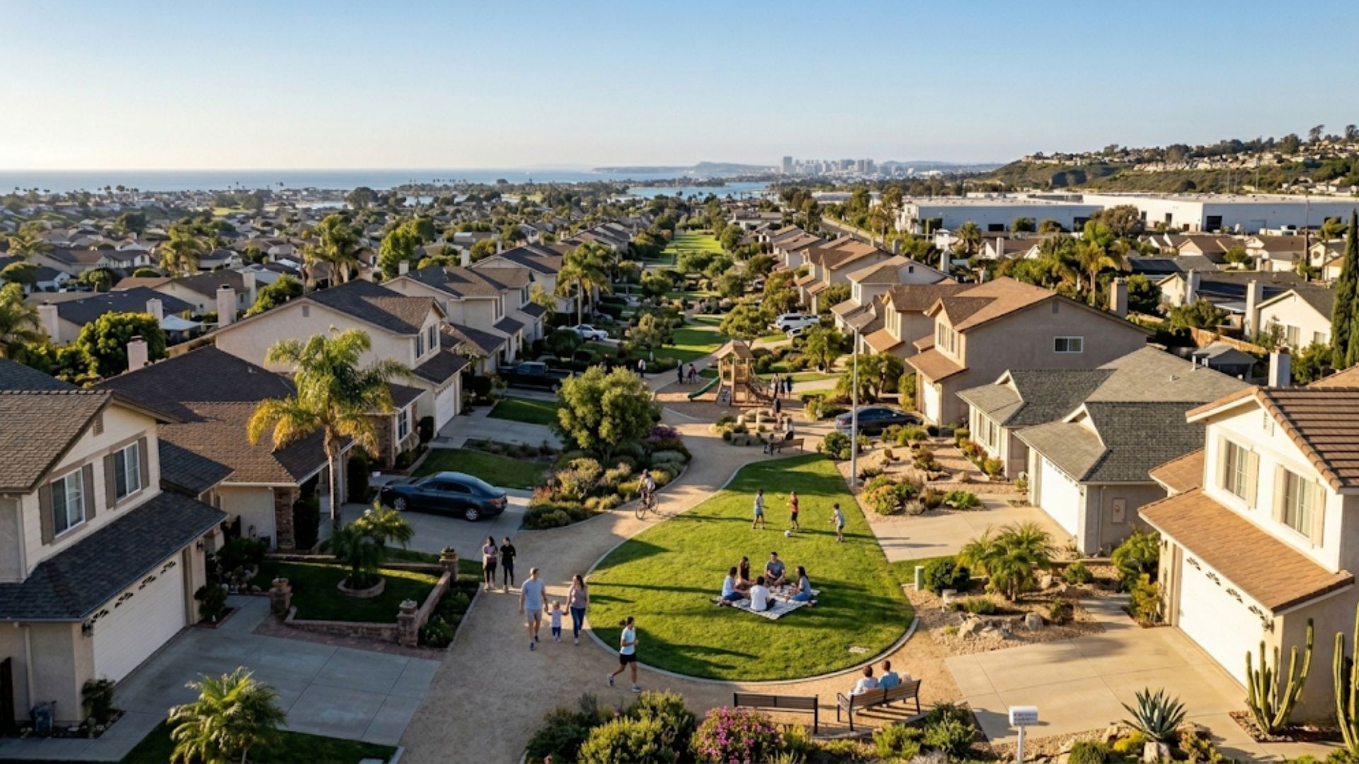 An elevated aerial perspective of a modern suburban cul-de-sac neighborhood in San Diego with a shared greenway park where families are relaxing and children are playing.