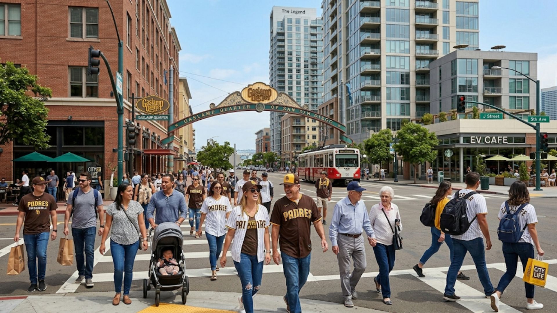 A large crowd of people wearing San Diego Padres baseball jerseys crossing a city street under the iconic Gaslamp Quarter archway, with a red trolley and high-rise condos nearby.