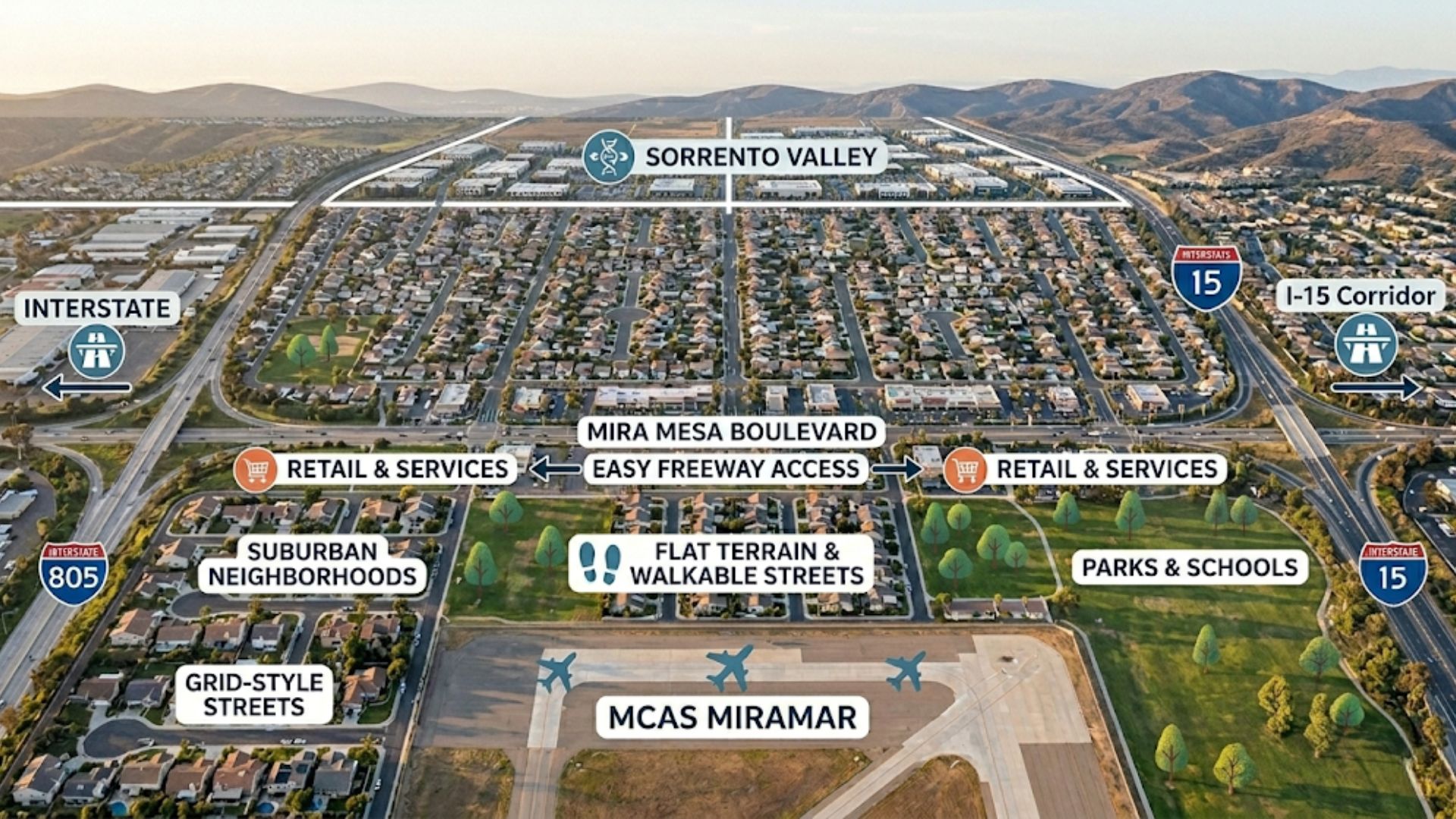 An aerial drone photograph layout of Mira Mesa in San Diego, annotated with labels highlighting MCAS Miramar, suburban neighborhoods, Sorrento Valley, and easy freeway access via Interstate 15 and 805.