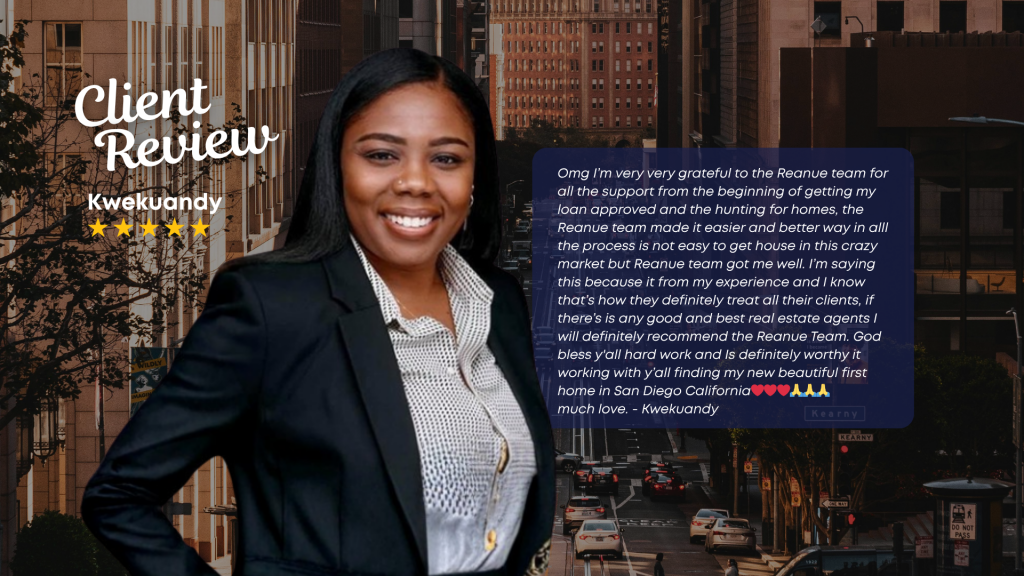 Client testimonial graphic featuring Samara Smith sharing a positive home buying experience with Reanue Home Team in San Diego.