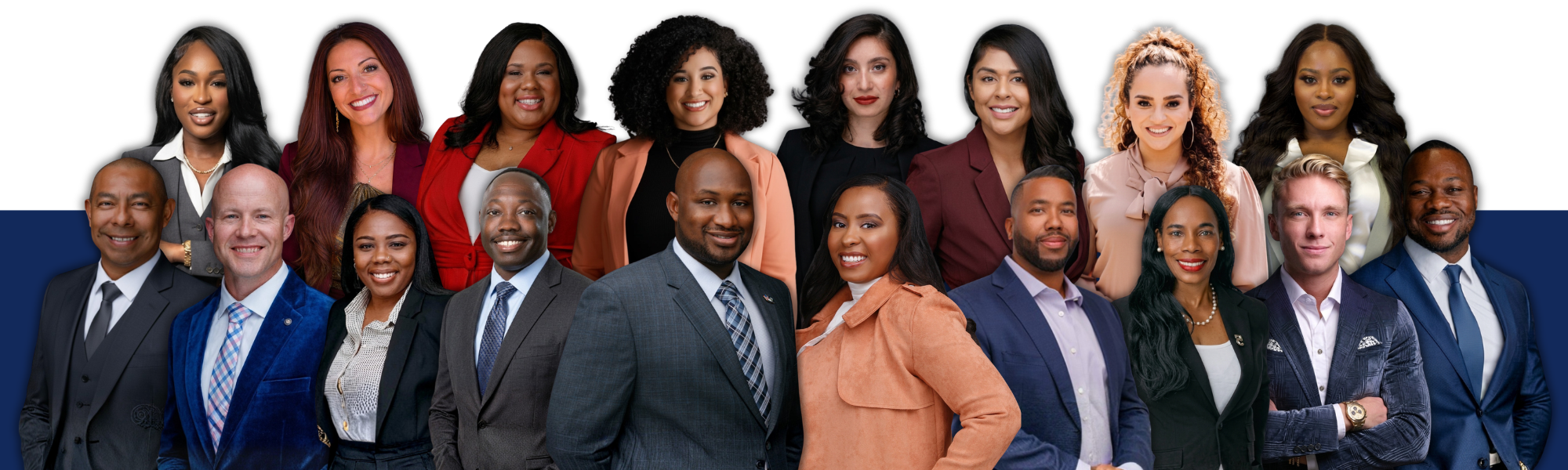A professional group portrait of a diverse real estate agent team standing together in business suits and blazers, featuring a central male leader in a grey suit.