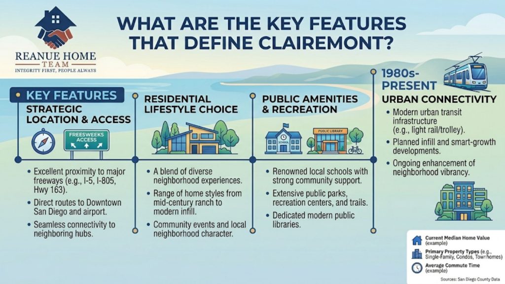 A structured infographic titled What Are the Key Features That Define Clairemont, displaying columns for location, lifestyle choice, public amenities, and urban connectivity.