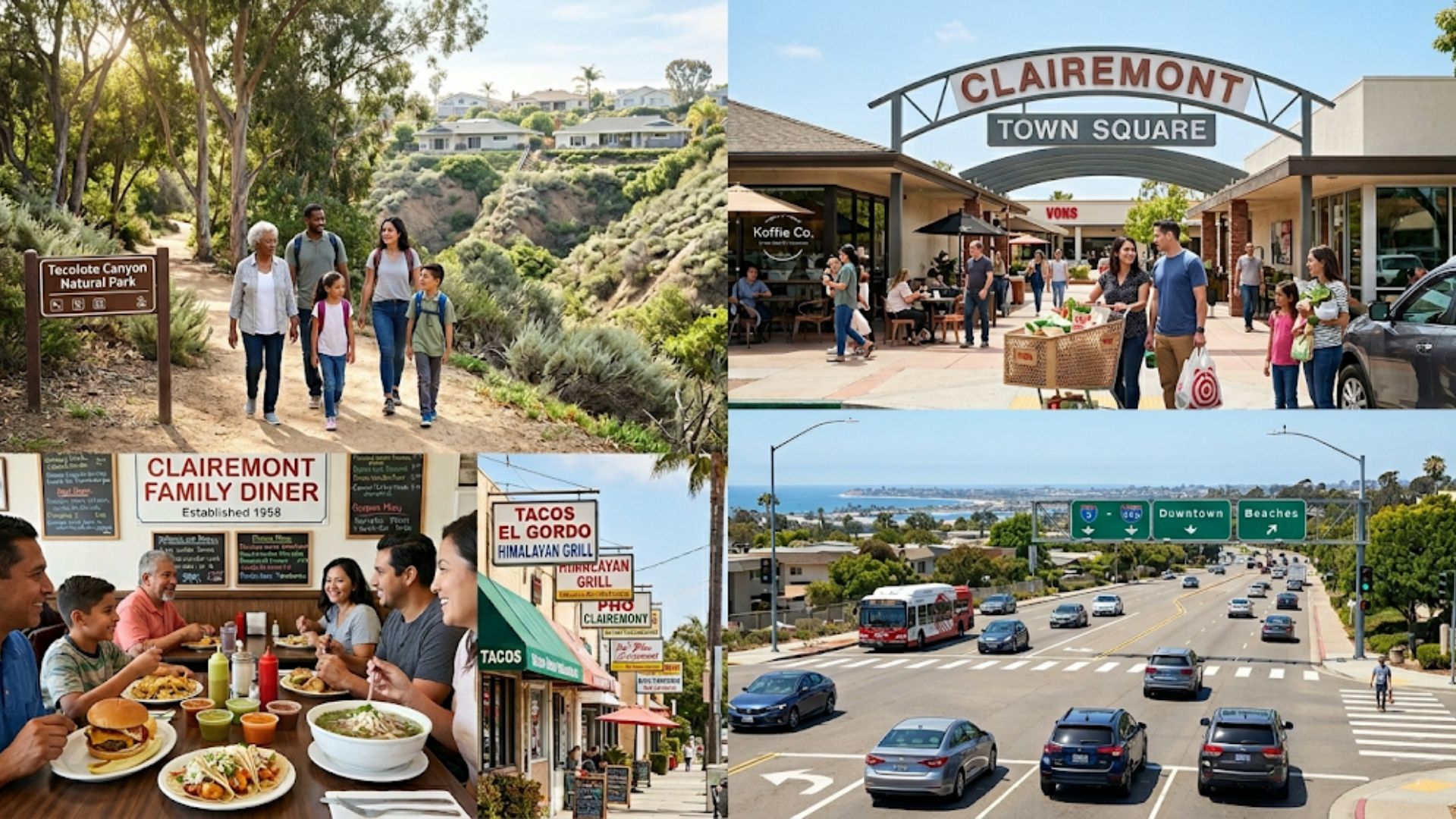A four-panel scenic lifestyle grid showing hikers at Tecolote Canyon, shoppers at Clairemont Town Square, dining at a family restaurant, and an ocean view roadway.