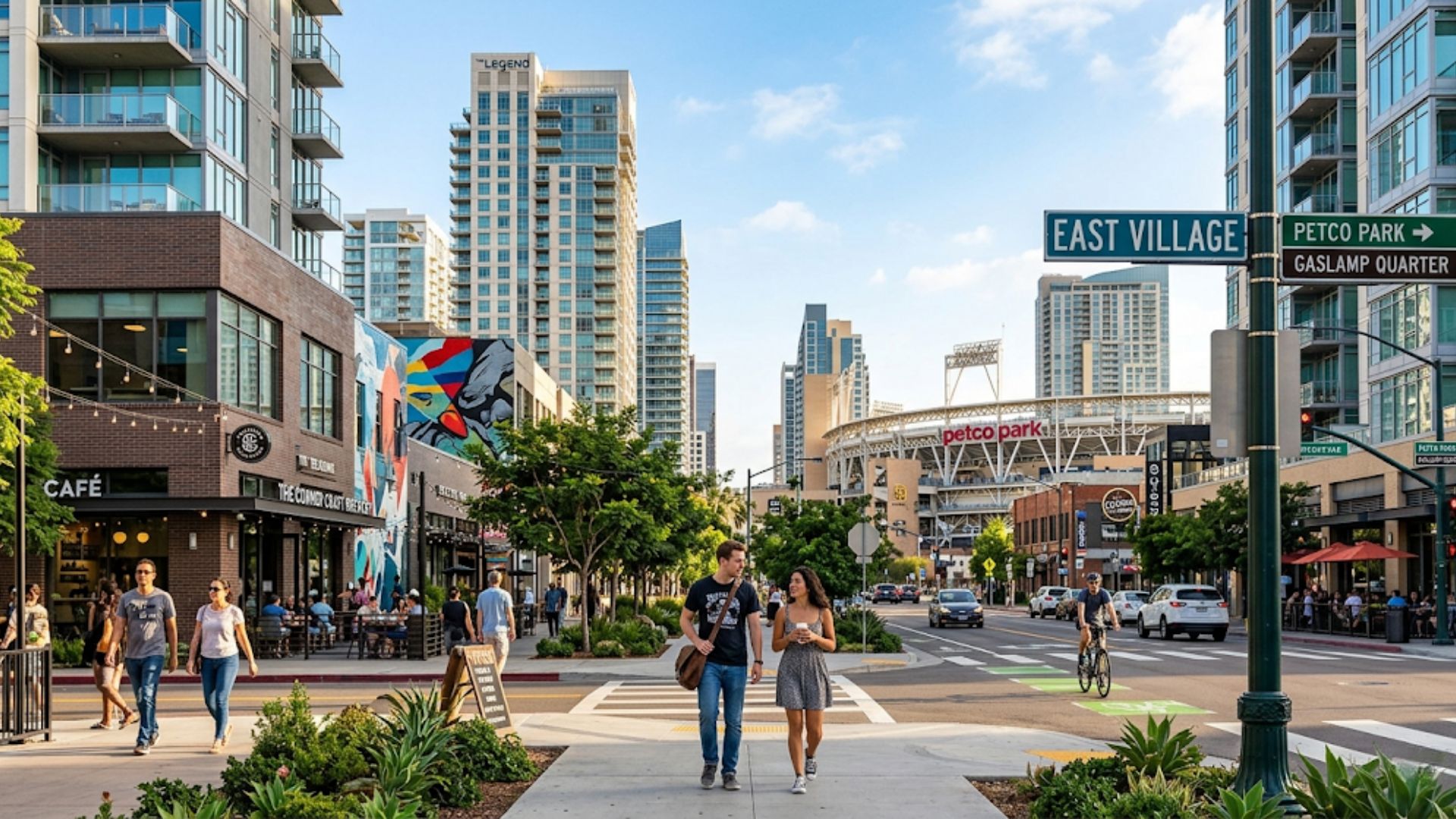 A young couple walking a golden retriever on a sidewalk in the East Village neighborhood of San Diego, with Petco Park stadium and modern high-rises visible in the background under a blue sky.