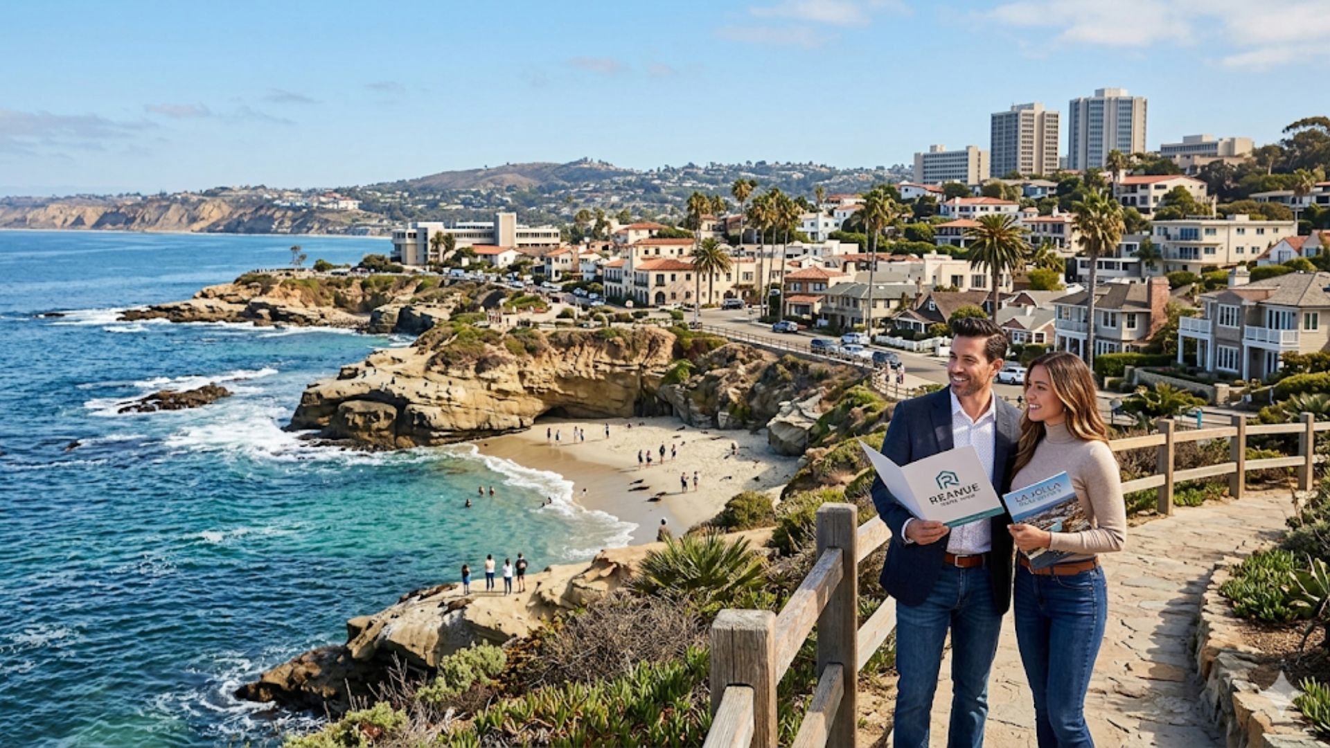 A man and woman holding Reanue Home Team real estate brochures while standing on a stone walking path overlooking the ocean, beach, and luxury coastal homes of La Jolla.