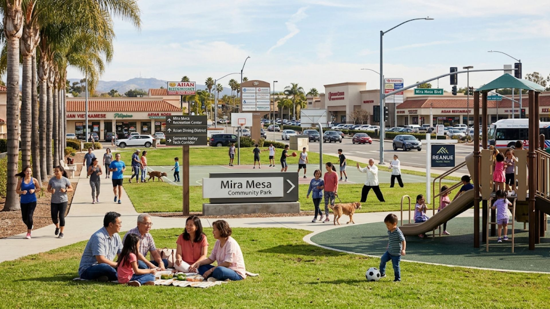 A lively sunny day at Mira Mesa Community Park in San Diego, showing families picnicking on the lawn, children playing on a playground structure, people playing basketball, and a neighborhood directional sign under palm trees.