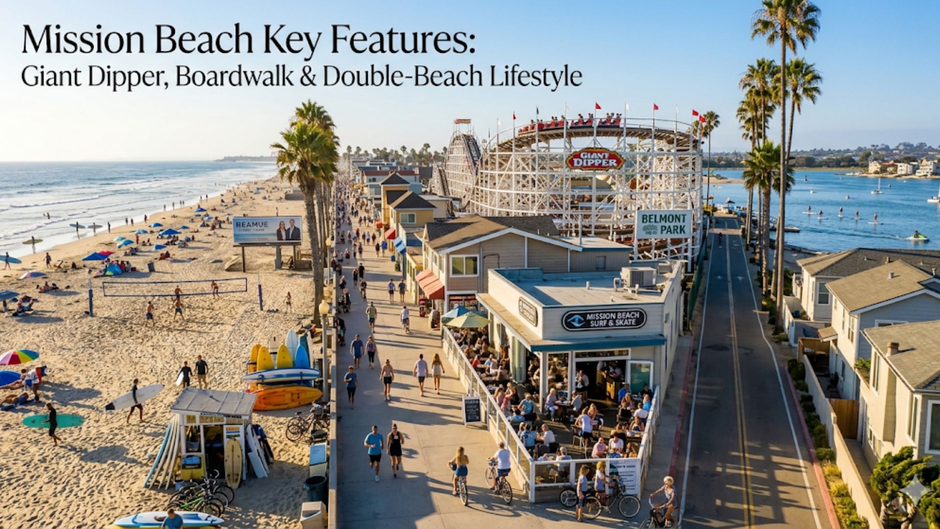 Mission Beach key features including a long sandy beach, oceanfront boardwalk, Belmont Park, and active coastal lifestyle in San Diego.
