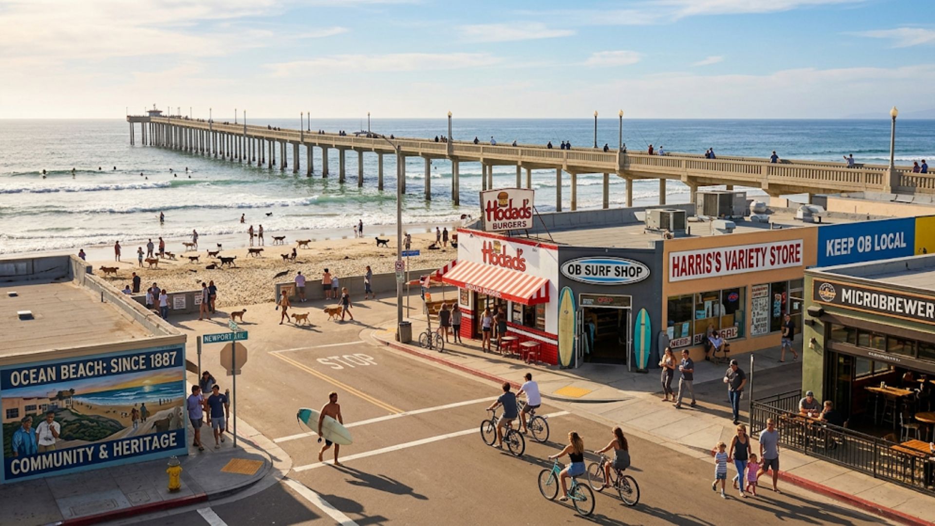 An elevated street-level view of Newport Avenue in Ocean Beach, showing people riding bicycles, pedestrians walking near local surf shops, and the long historic OB Pier stretching into the ocean.