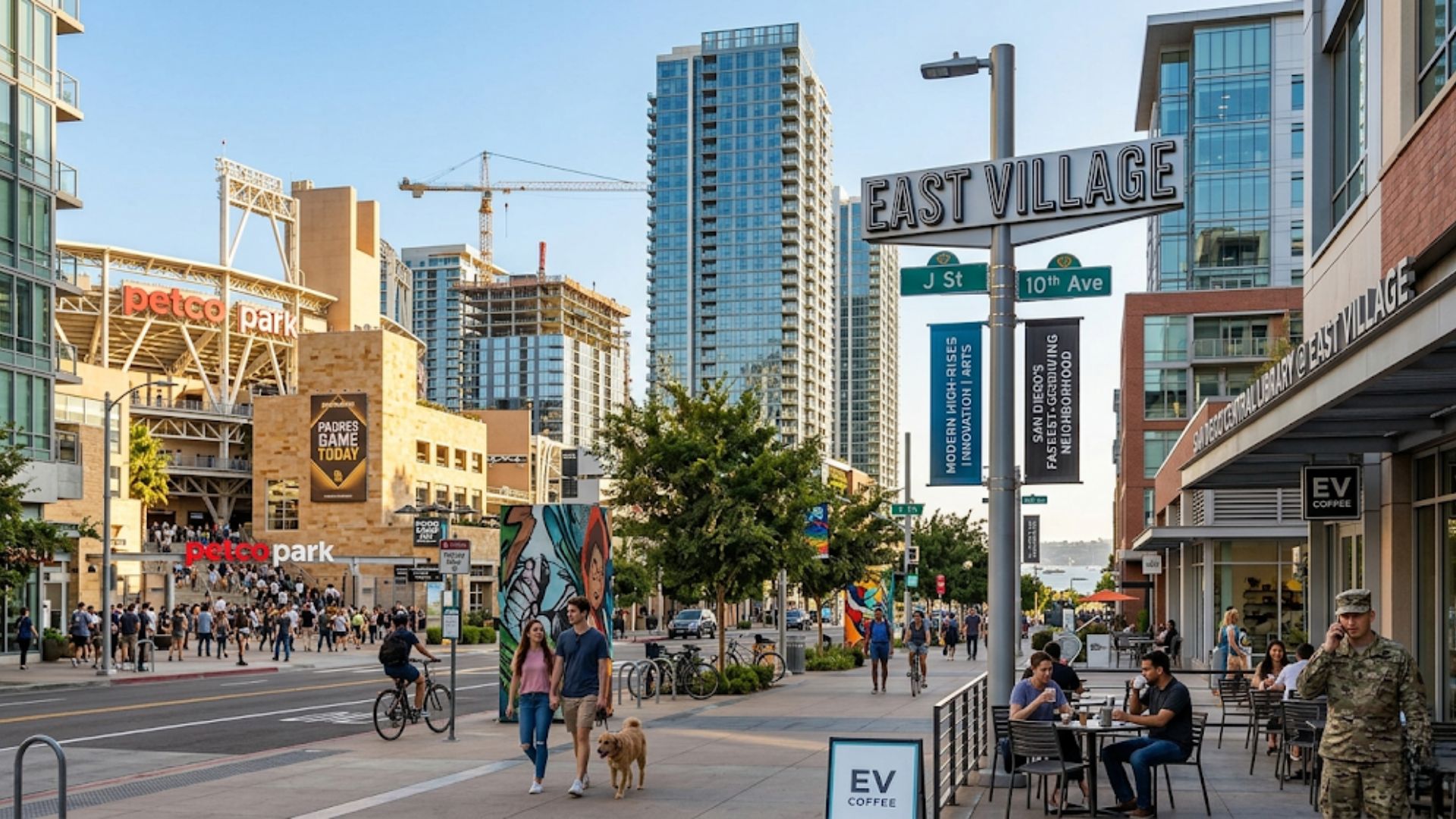 A street-level view at the intersection of J Street and 10th Avenue in East Village San Diego, featuring a modern street sign, pedestrians walking a dog, an outdoor cafe, modern high-rises, and the Petco Park stadium.
