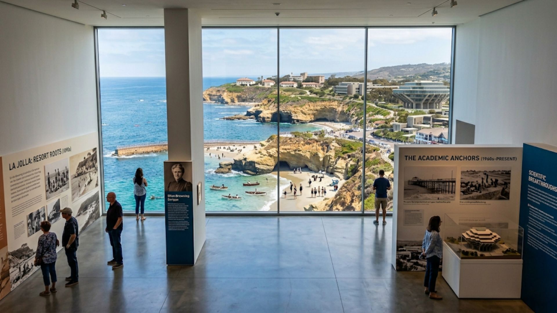 Museum visitors looking through a large glass window overlooking the scenic La Jolla Cove coastline, surrounded by historical exhibits on La Jolla's resort roots and academic history.