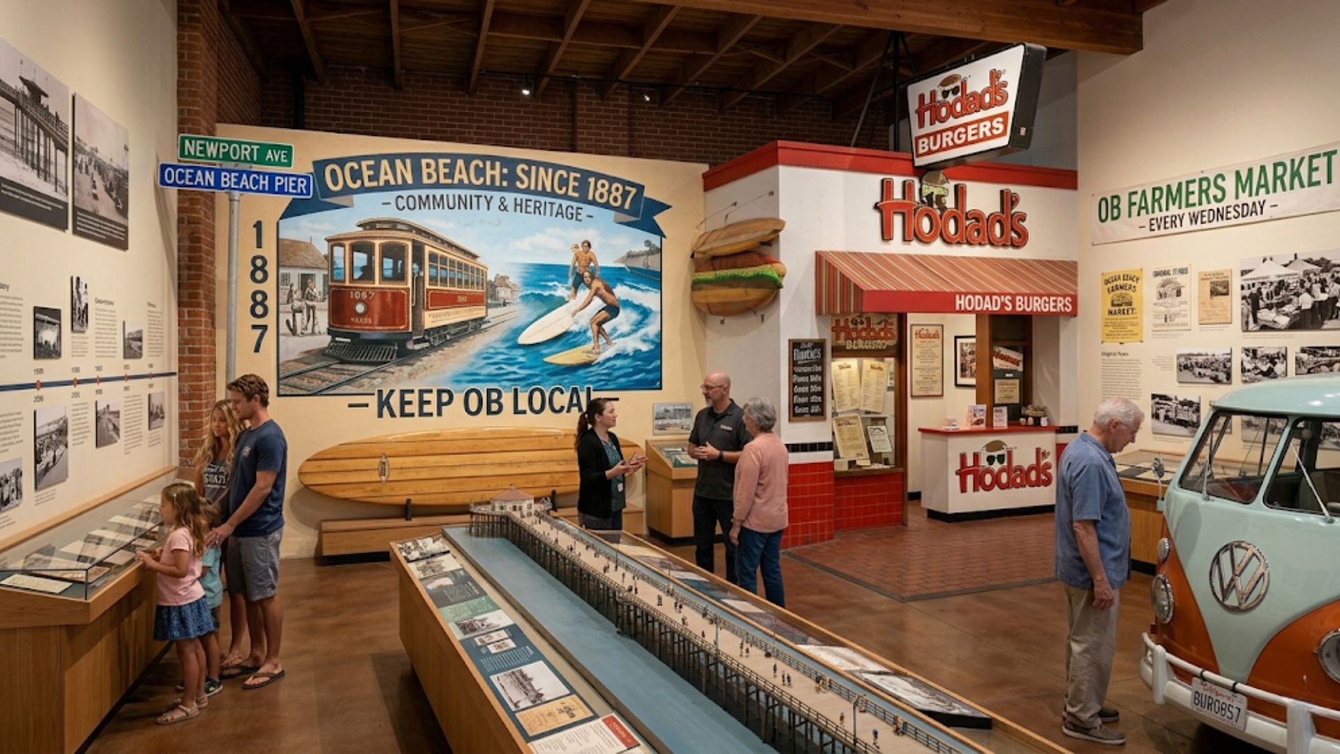 Visitors exploring a community heritage museum exhibit dedicated to Ocean Beach history, featuring a miniature model of the OB Pier, retro Hodad's Burgers facade, and vintage surfboards.
