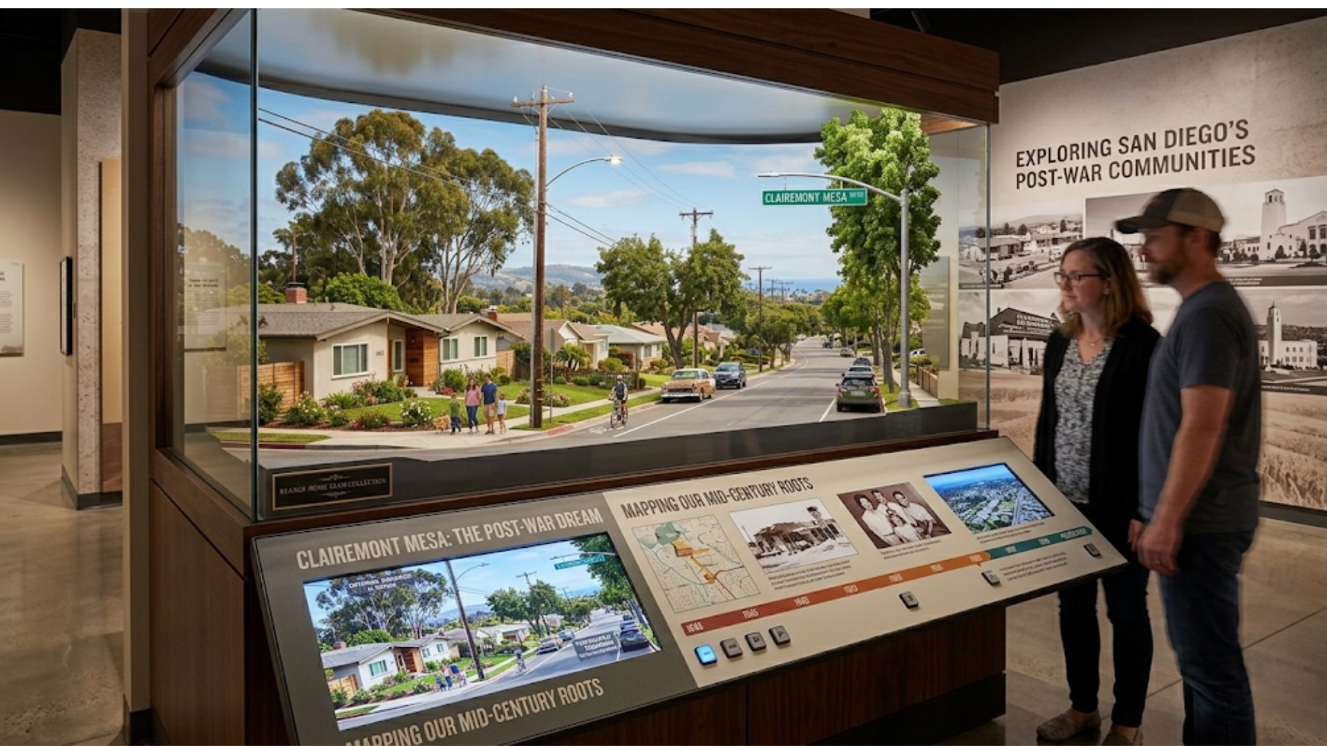 Visitors viewing a museum display case titled Clairemont Mesa The Post War Dream, featuring a three-dimensional historical model of a mid-century suburban street layout.