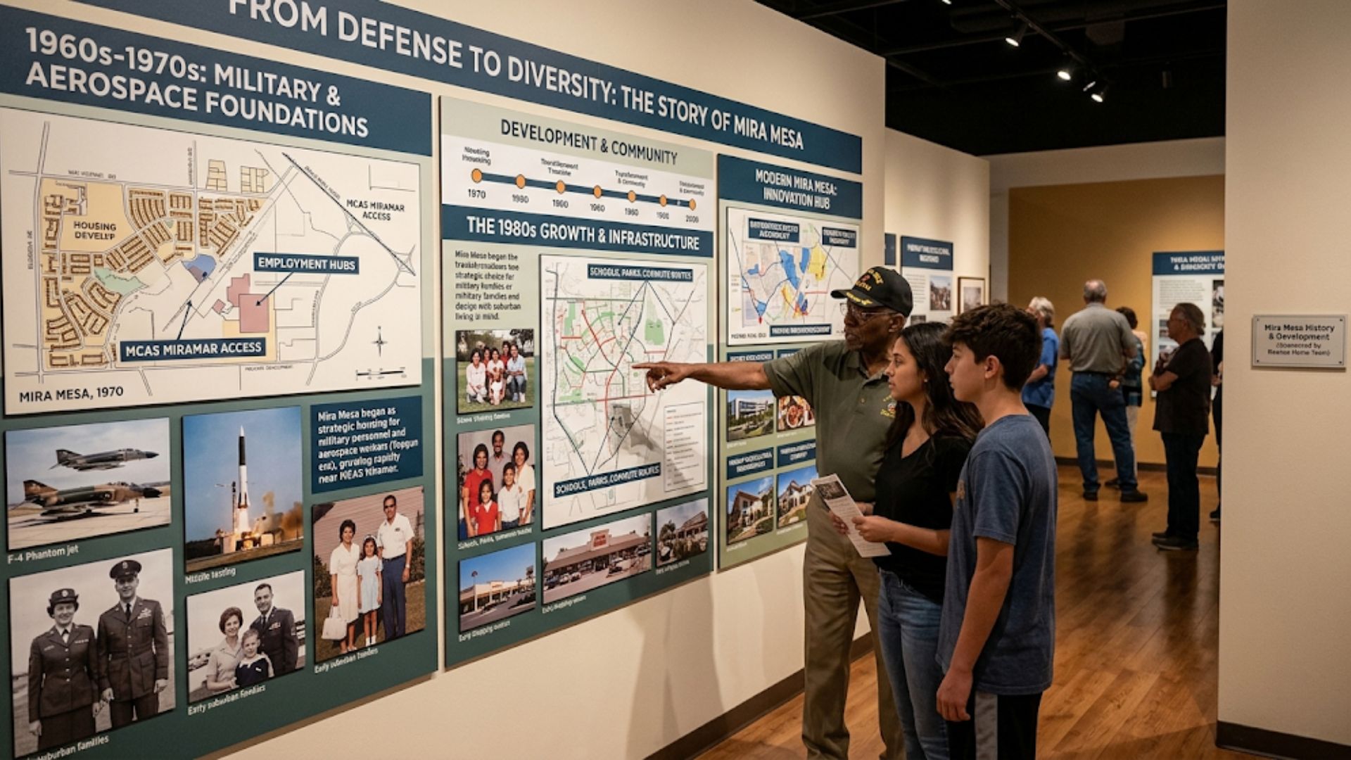 An older military veteran in a cap pointing out a historical neighborhood timeline map to two teenagers inside a museum gallery titled From Defense to Diversity The Story of Mira Mesa.
