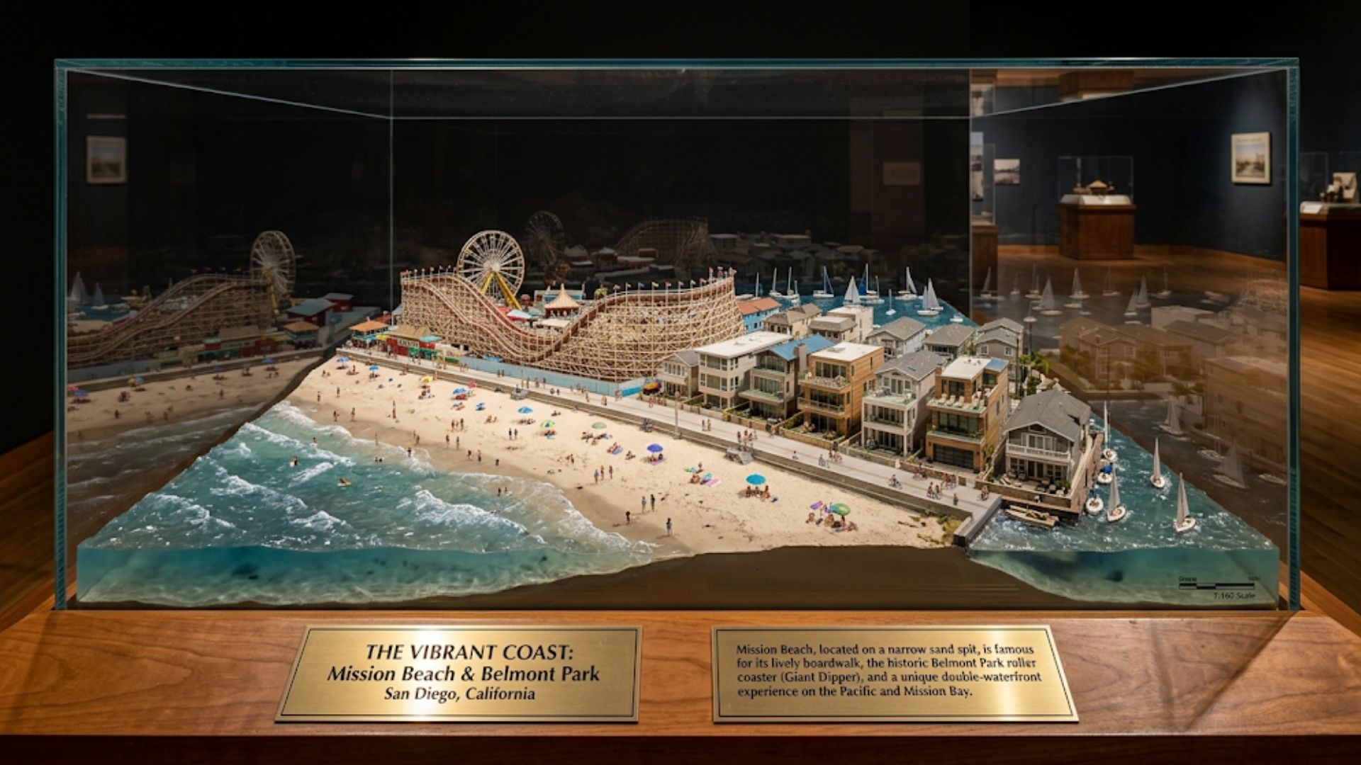 Historic overview graphic of Mission Beach in San Diego, showing its early 1900s development from tent communities to a popular coastal residential and tourist destination.