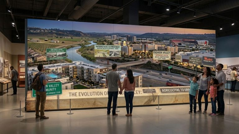 Museum visitors standing in front of a massive historical gallery wall display tracking the evolution of Mission Valley from agriculture to an urban center in San Diego.
