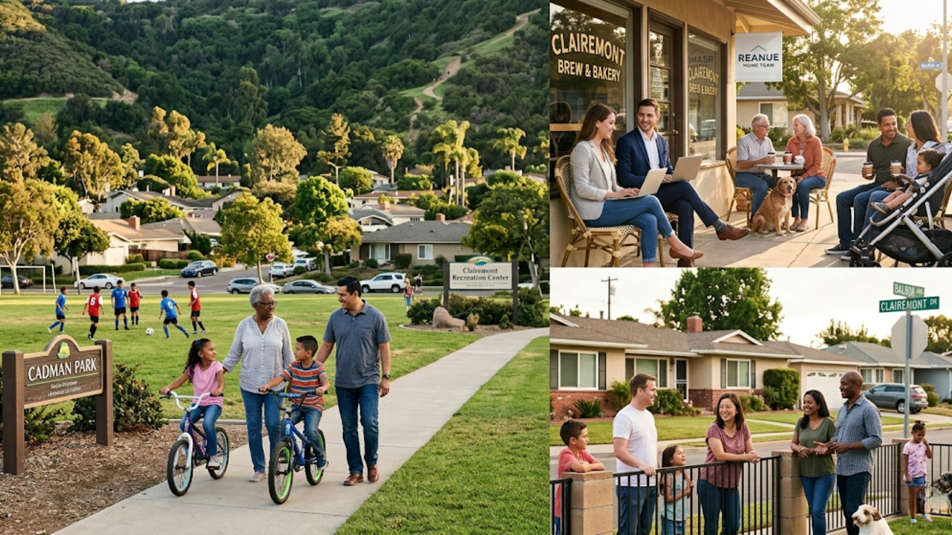 A four-panel community collage showcasing family life in Clairemont San Diego, featuring Cadman Park, residents enjoying coffee outside Clairemont Brew and Bakery, and neighbors chatting on a suburban street.