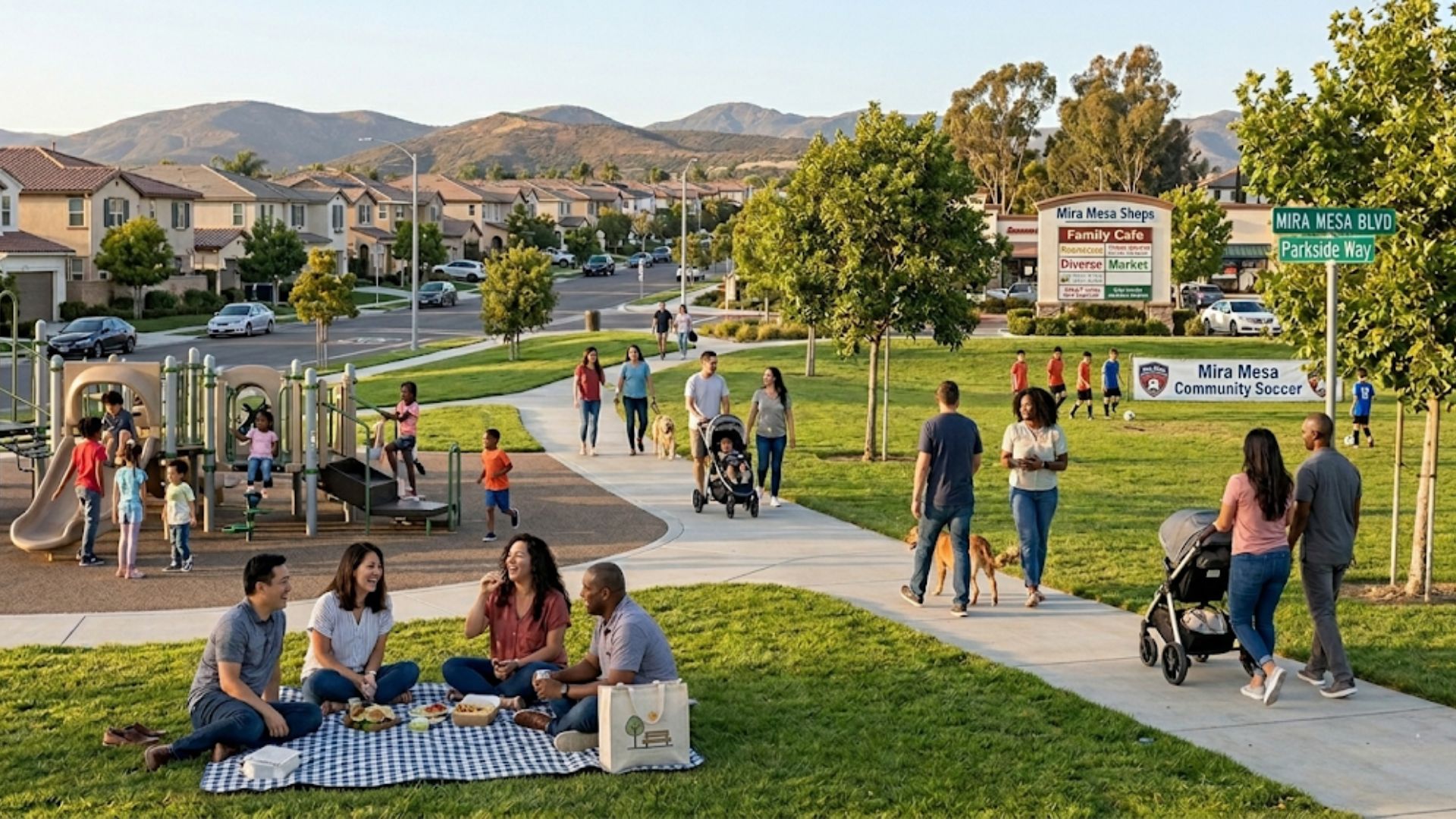 A lively sunny day at Mira Mesa Community Park in San Diego, showing families picnicking on the lawn, children playing on a playground structure, people playing basketball, and a neighborhood directional sign under palm trees.