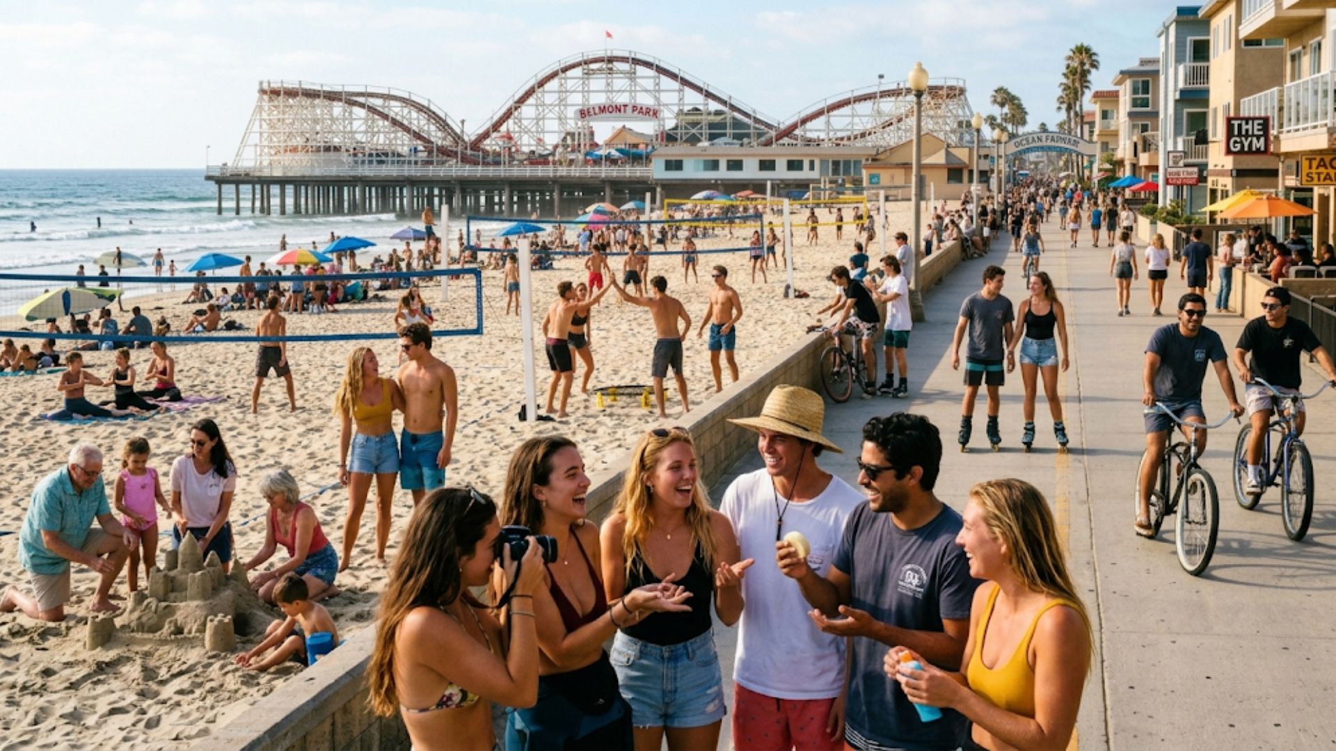 A group of young friends laughing and talking on the Mission Beach boardwalk in San Diego, with beach volleyball players, cyclists, and the historic Belmont Park roller coaster in the background.