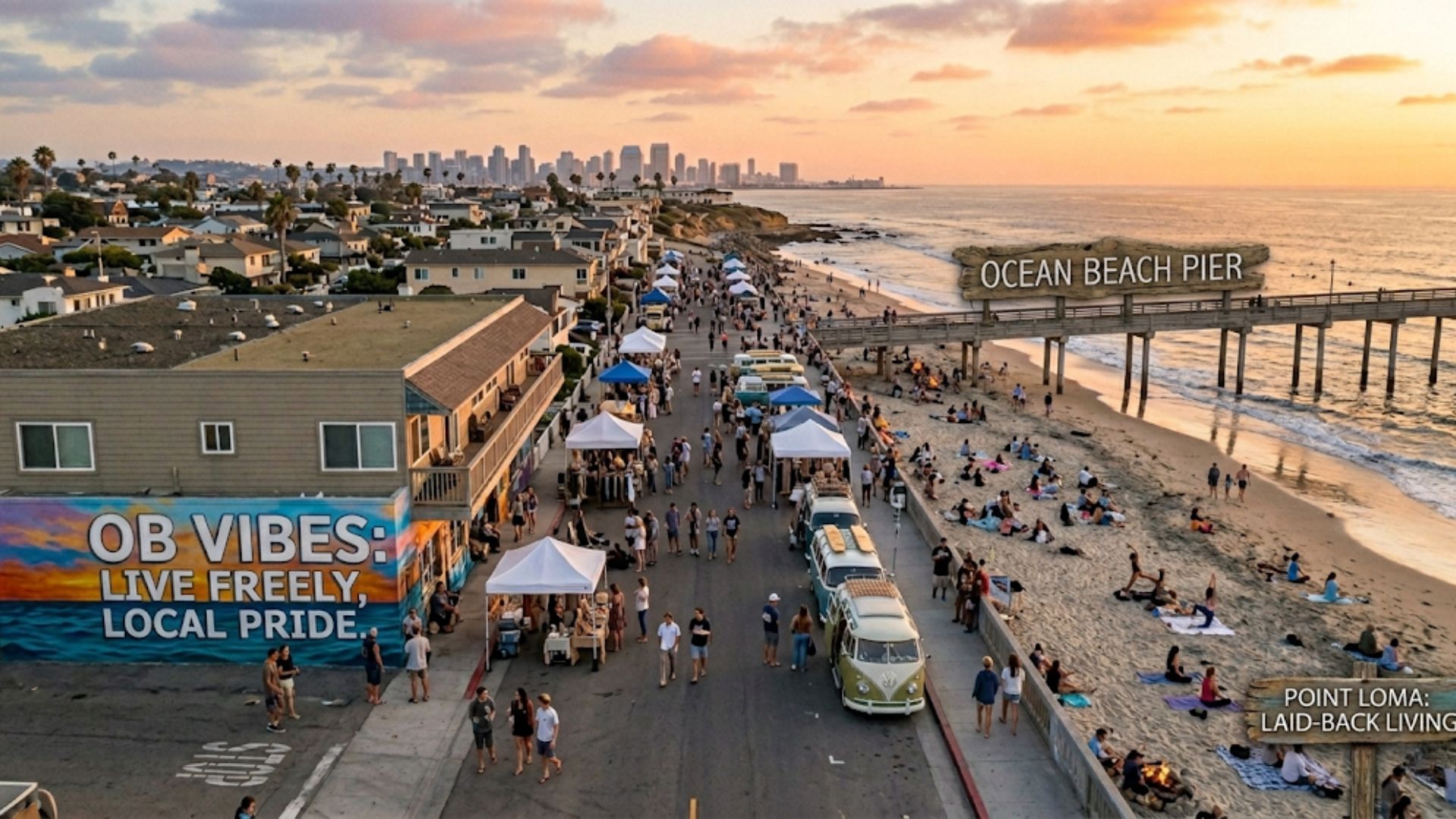 Sunset view of residents relaxing near the water, illustrating the bohemian atmosphere of Ocean Beach San Diego real estate areas.