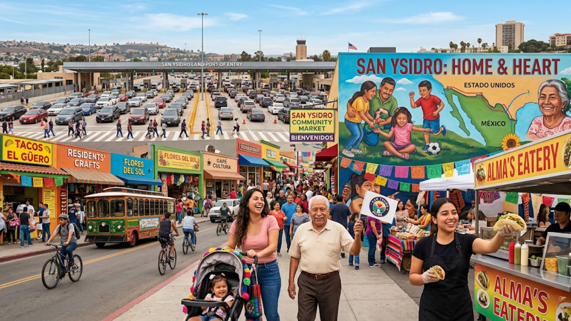 A vibrant street scene in San Ysidro featuring pedestrians walking past a colorful community mural titled San Ysidro Home and Heart, with local food vendors and a vintage trolley.