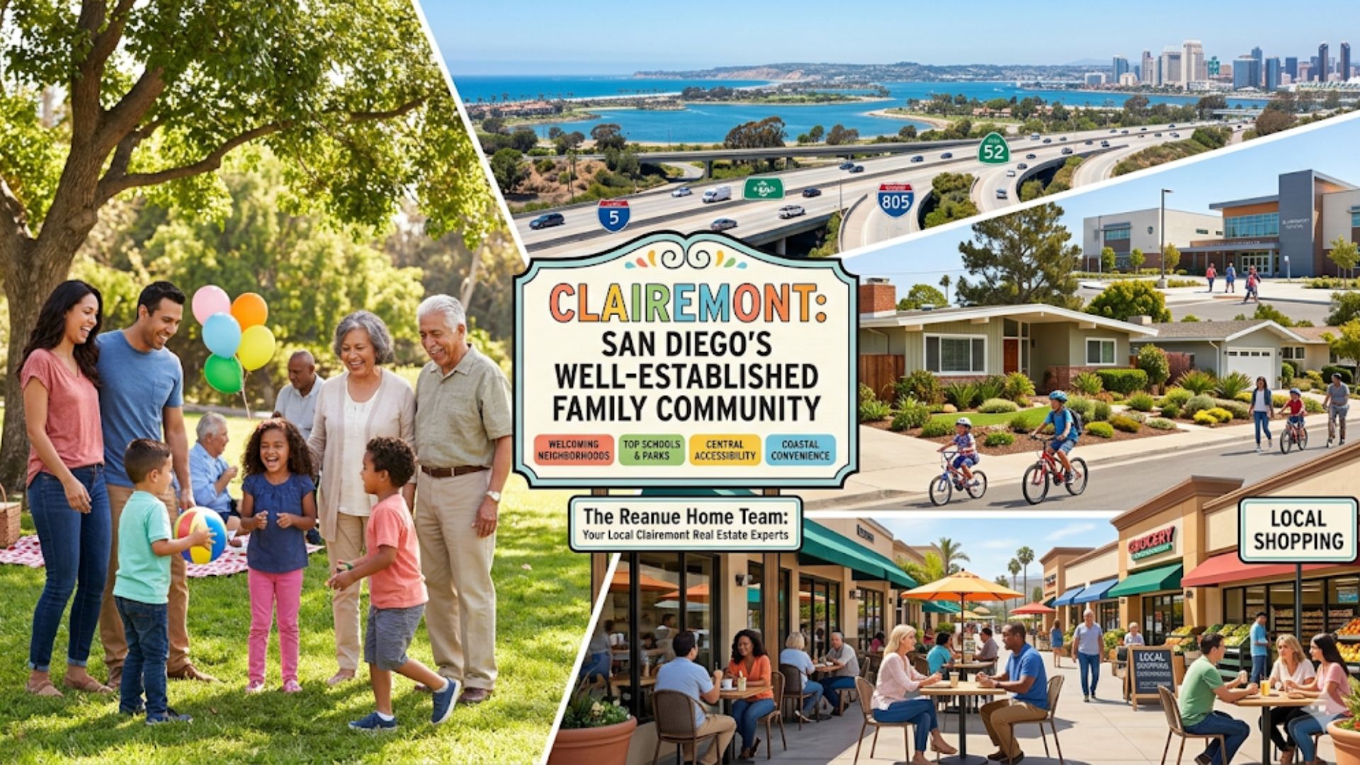 A multi-panel community collage for Clairemont San Diego, illustrating families enjoying a park, local shopping plazas, nearby highway corridors, and residential streets.