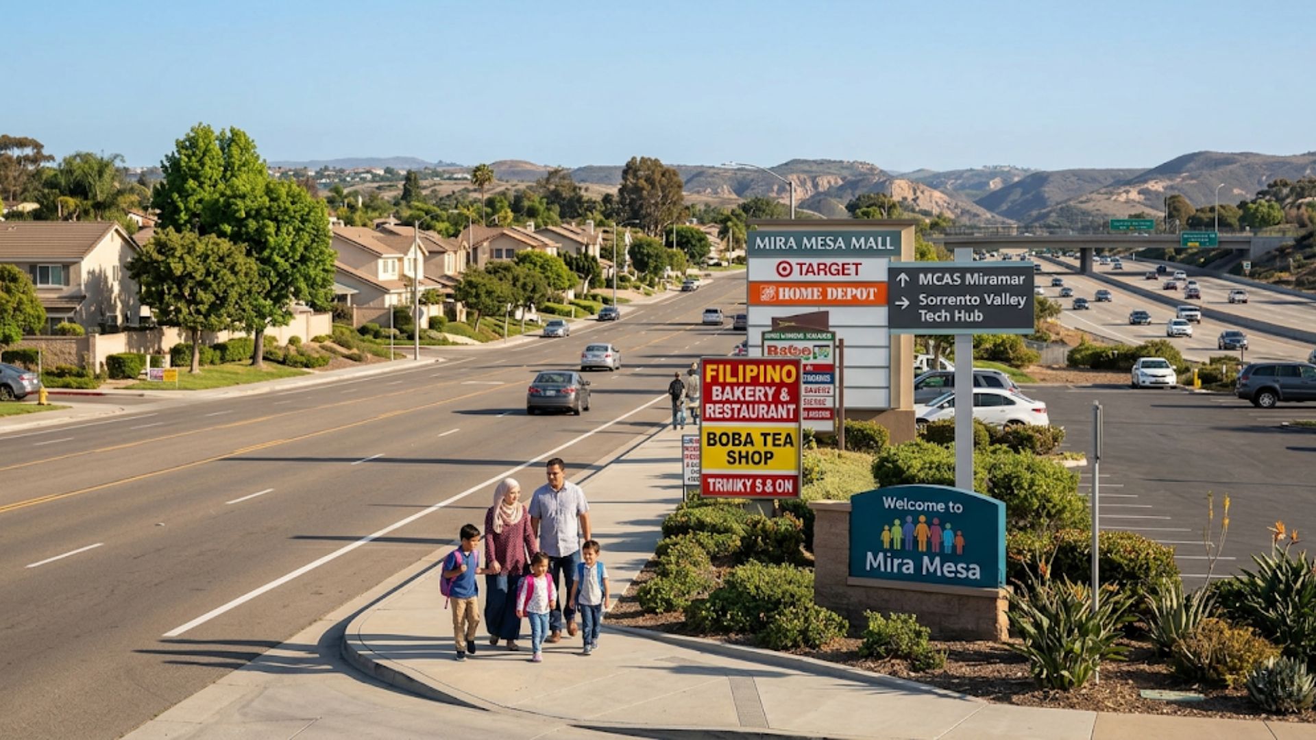 A family walking along a spacious sidewalk in Mira Mesa, passing a "Welcome to Mira Mesa" sign and a shopping plaza directory pointing toward MCAS Miramar and Sorrento Valley.