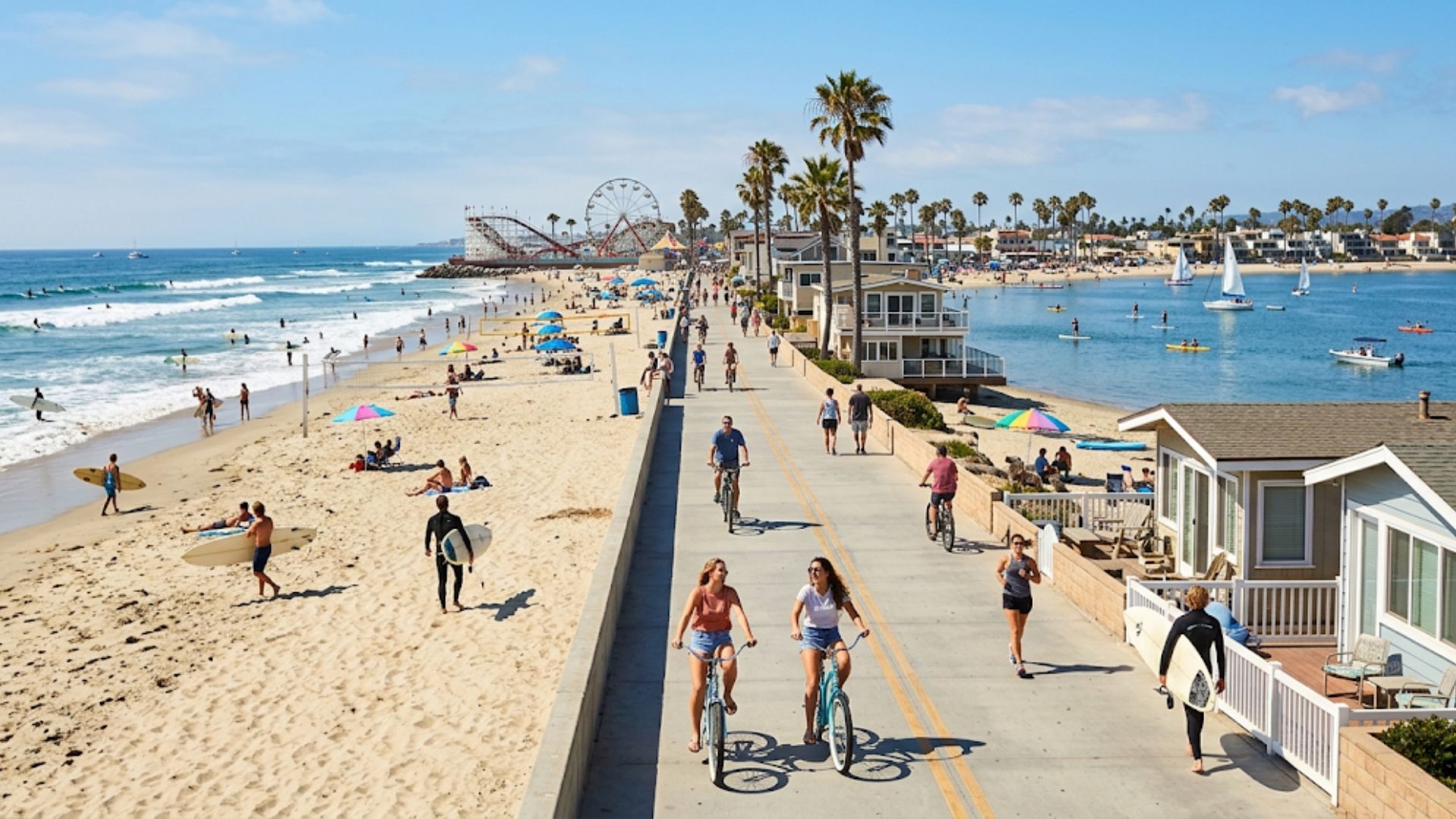 Vibrant Mission Beach boardwalk and oceanfront condos, showcasing prime Mission Beach San Diego real estate.