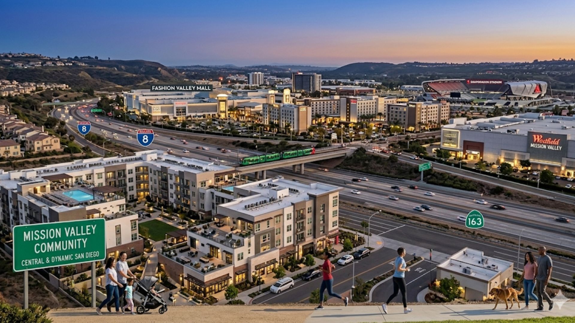 A high-angle dusk landscape photograph of Mission Valley in San Diego, highlighting urban apartment complexes, Interstate 8 traffic, Fashion Valley Mall, and Snapdragon Stadium under a colorful sunset sky.