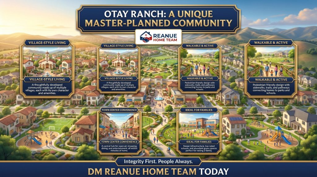 Otay Ranch master-planned community featuring village-style living, walkable neighborhoods, town center convenience, and family-friendly amenities by Reanue Home Team