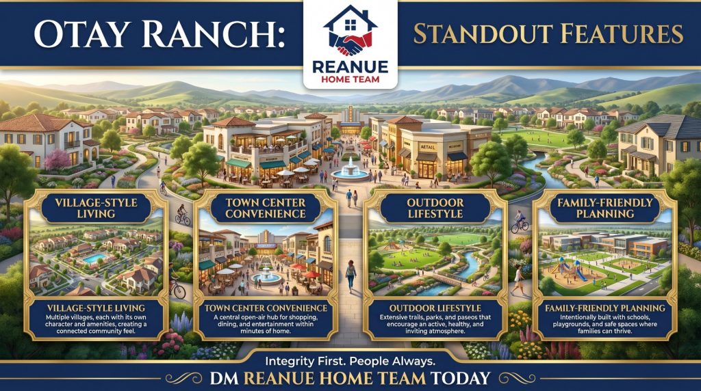 Otay Ranch standout features including village-style living, town center convenience, outdoor lifestyle, and family-friendly planning by Reanue Home Team