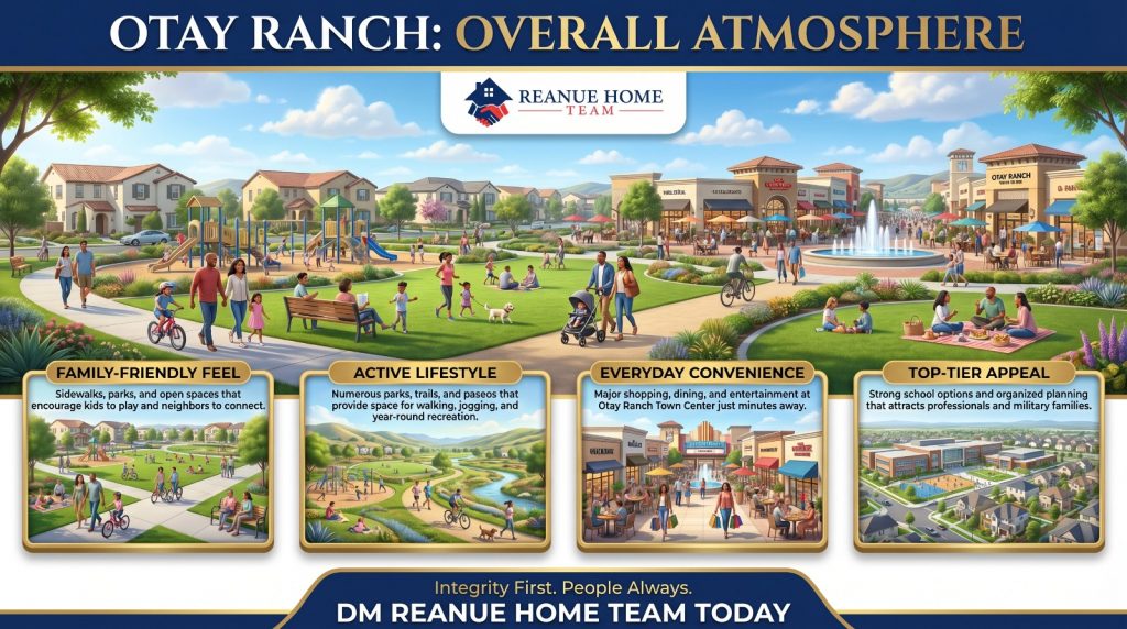 Otay Ranch overall atmosphere showing family-friendly parks, active lifestyle spaces, shopping center, and community amenities by Reanue Home Team