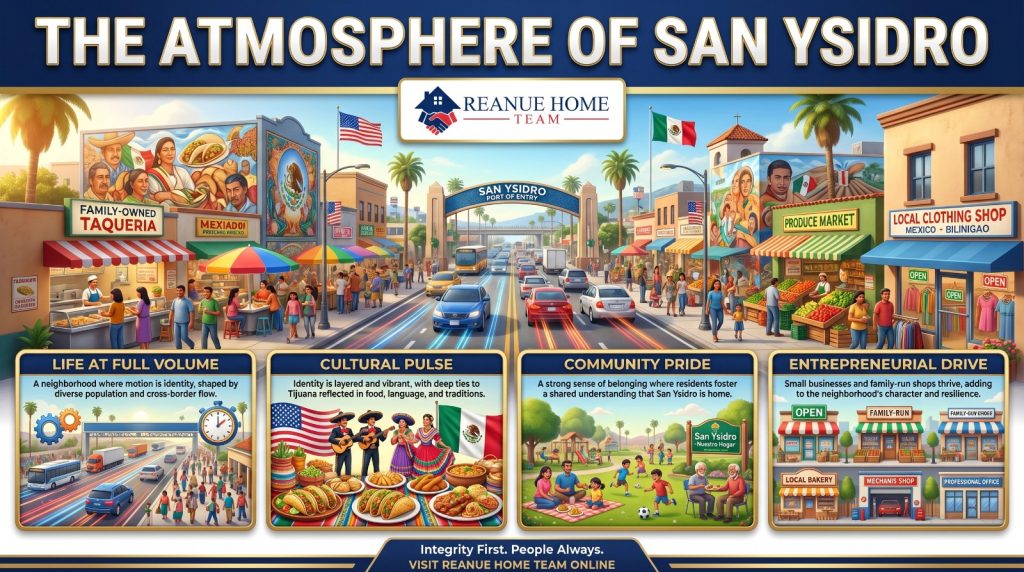 An illustrative neighborhood infographic titled The Atmosphere of San Ysidro featuring sub-sections on Life at Full Volume Cultural Pulse Community Pride and Entrepreneurial Drive with vibrant depictions of local markets and border culture.