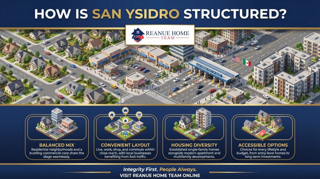 An aerial architectural layout infographic titled How Is San Ysidro Structured showcasing a balanced mix convenient layout housing diversity and accessible residential options.