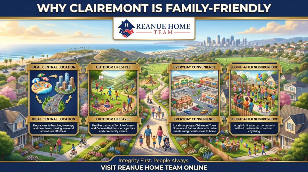A real estate infographic titled Why Clairemont Is Family-Friendly highlighting its ideal central location outdoor lifestyle everyday convenience and sought-after neighborhood vibe with cartoon families enjoying parks and shopping.
