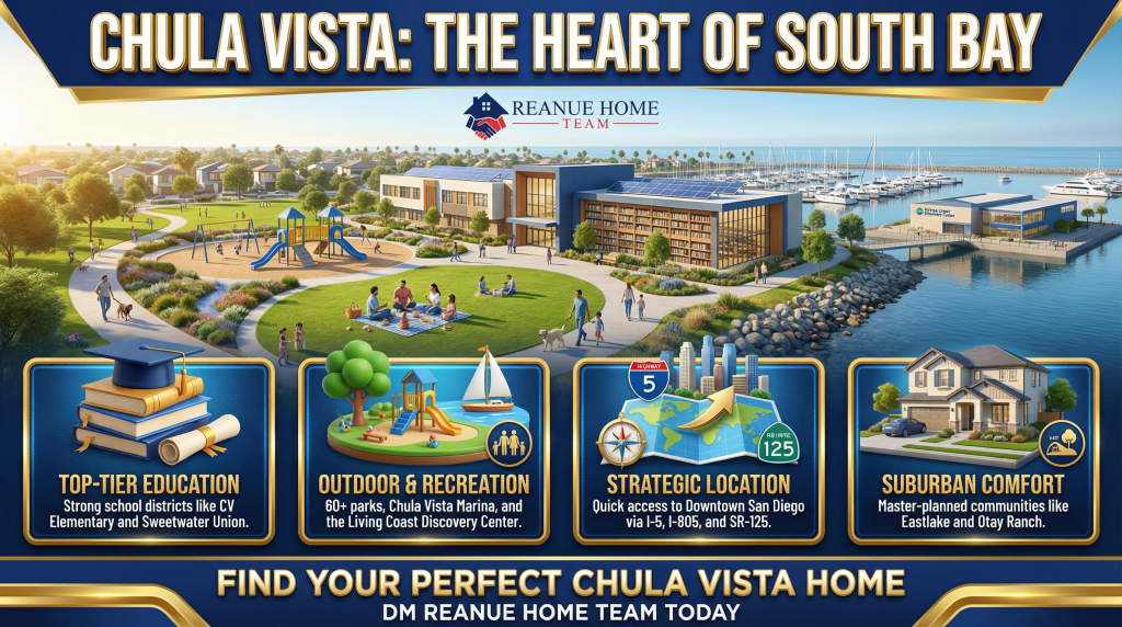 “Chula Vista real estate infographic showing waterfront community, parks, marina, schools, and suburban homes with highlights of education, recreation, location, and family living”