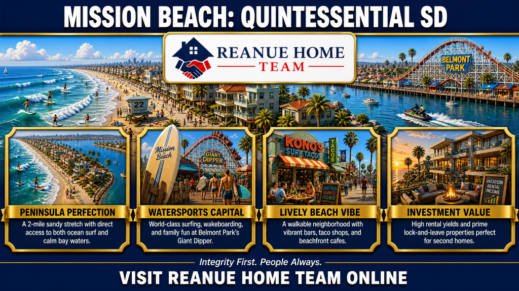 A vibrant beach infographic titled Mission Beach Quintessential SD showcasing a long sandy shoreline and Belmont Park roller coaster with four blocks for Peninsula Perfection Watersports Capital Lively Beach Vibe and Investment Value featuring surfers taco shops and vacation rental homes