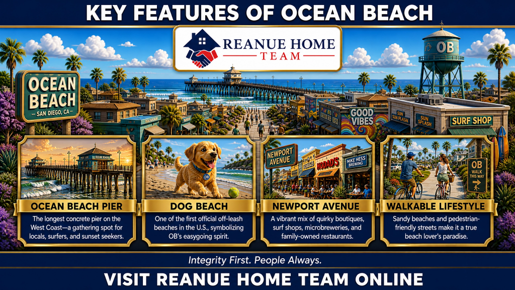 A clear daytime marketing infographic titled Key Features of Ocean Beach highlighting four major neighborhood pillars including Ocean Beach Pier Dog Beach Newport Avenue shopping and its highly Walkable Lifestyle.
