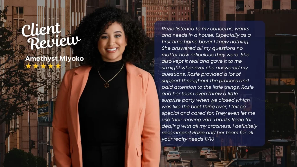 A testimonial marketing slide featuring real estate agent Rozie Valerio next to a detailed five-star client review text box from Amethyst Miyoko praising her patient and honest support for a first-time homebuyer set against a city street backdrop.