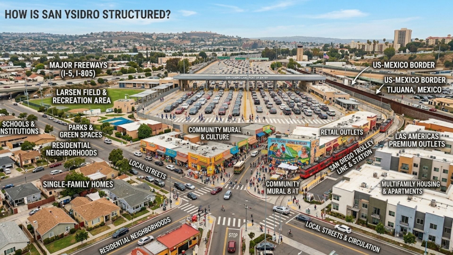 An annotated aerial view infographic titled How Is San Ysidro Structured labeling key layout elements including Major Freeways I-5 and I-805 Larsen Field US-Mexico Border Retail Outlets San Diego Trolley Line and local residential single-family housing neighborhoods.