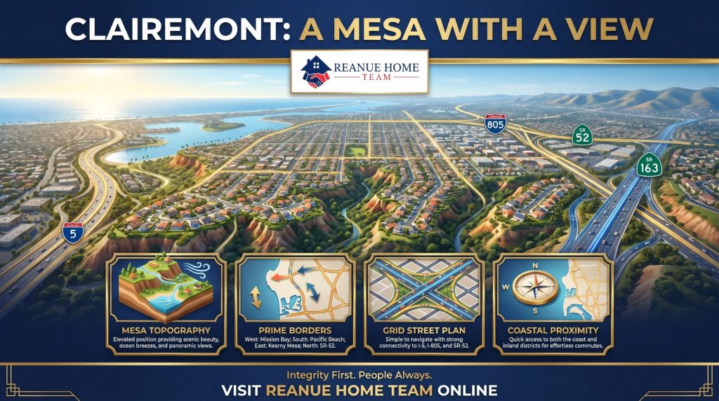 A real estate infrastructure infographic titled Clairemont A Mesa With A View showing an elevated 3D aerial perspective of suburban canyons and major freeways Interstate 5 Interstate 805 State Route 52 and State Route 163 with informational icons detailing Mesa Topography Prime Borders Grid Street Plan and Coastal Proximity