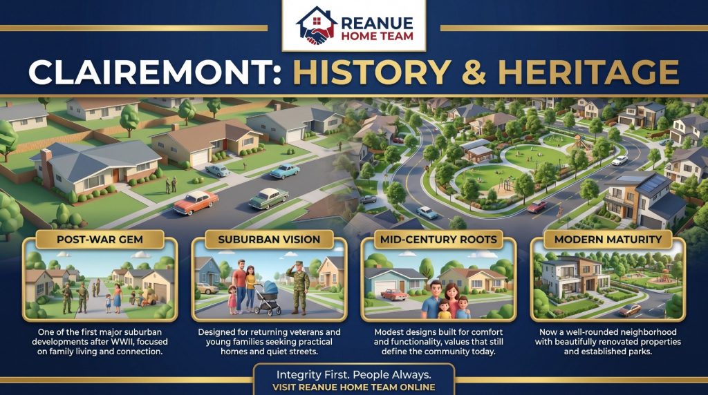 A history infographic titled Clairemont History and Heritage showing the neighborhood evolution through post-war gem suburban vision mid-century roots and modern maturity panels.