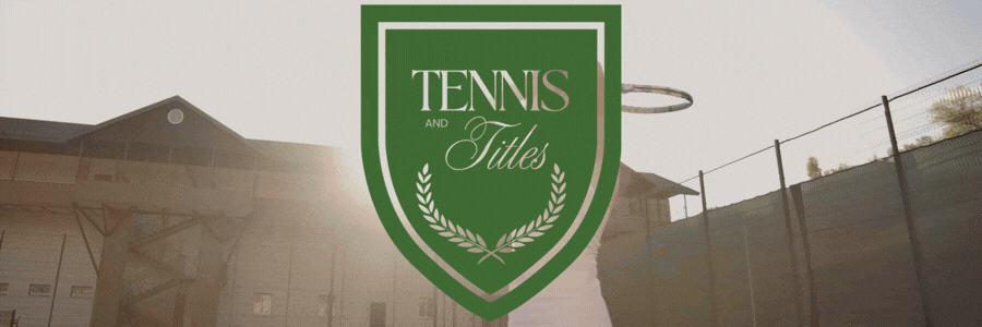 A minimalist luxury sports brand logo featuring a dark green shield crest containing a white double border with clean serif typography reading Tennis and Titles above a symmetrical white laurel wreath