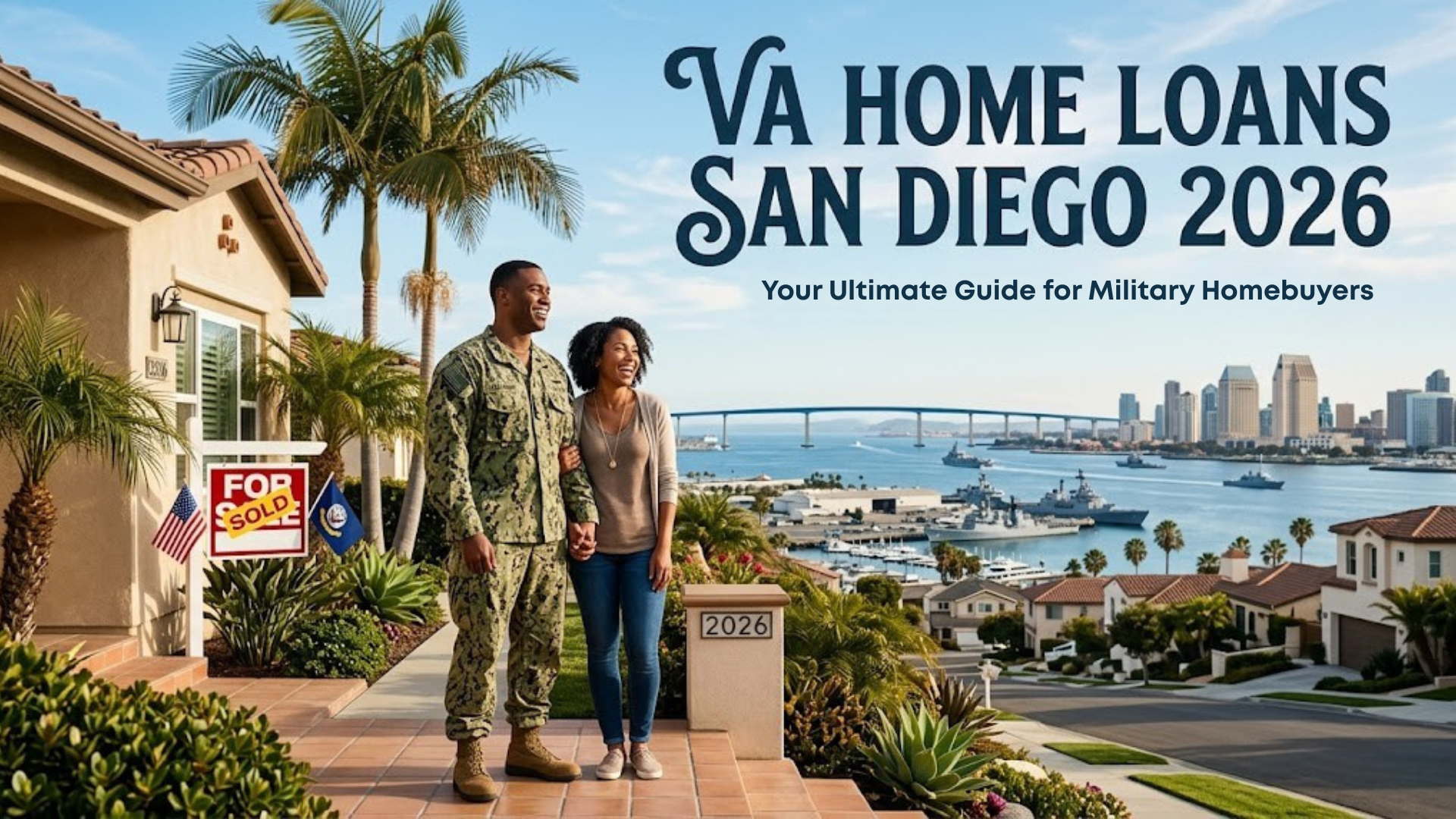 A marketing guide cover featuring a smiling military couple standing outside their new home with a sold sign overlooking the San Diego bay skyline and naval vessels with large text reading VA Home Loans San Diego 2026.
