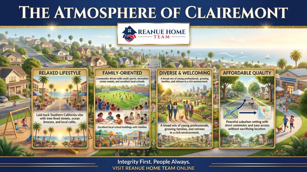A suburban neighborhood guide graphic titled The Atmosphere of Clairemont featuring a tree-lined residential street with four panels highlighting its Relaxed Lifestyle Family Oriented community Diverse and Welcoming population and Affordable Quality housing