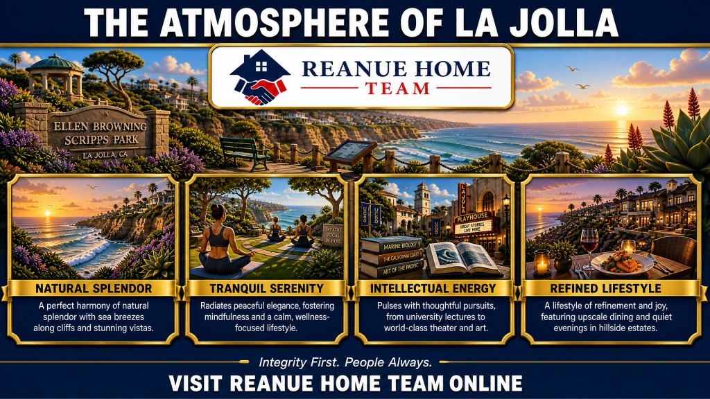 A real estate marketing graphic titled The Atmosphere of La Jolla with a sunset ocean horizon showing four pillars titled Natural Splendor Tranquil Serenity Intellectual Energy and Refined Lifestyle showcasing seaside yoga university books and fine dining hillside estates
