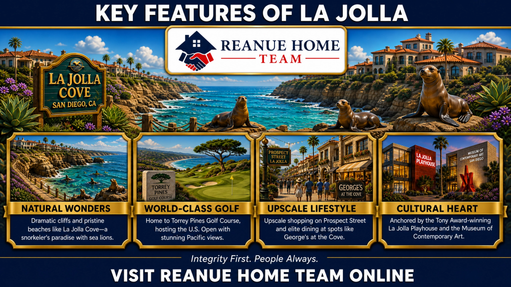 A coastal lifestyle infographic titled Key Features of La Jolla depicting sea lions on ocean cliffs with four highlights covering Natural Wonders World Class Golf Upscale Lifestyle and Cultural Heart with images of Torrey Pines golf course Prospect Street and the La Jolla Playhouse