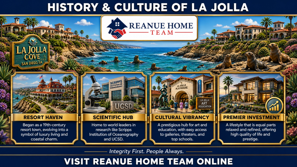 A real estate marketing infographic titled History and Culture of La Jolla showcasing sea lions on a rocky coast with four info blocks named Resort Haven Scientific Hub Cultural Vibrancy and Premier Investment featuring historical buildings a microscope and the La Jolla Playhouse