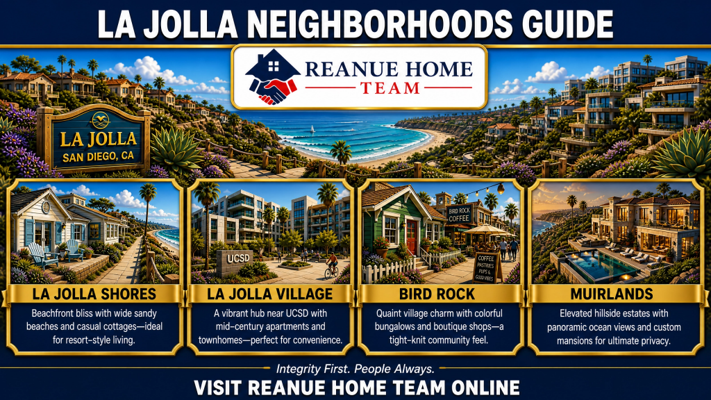 A neighborhood comparison infographic titled La Jolla Neighborhoods Guide showing coastal hillsides with four residential community blocks featuring La Jolla Shores La Jolla Village Bird Rock and Muirlands highlighting cottages apartments boutique shops and hillside estates