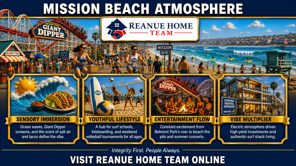 A neighborhood lifestyle graphic titled Mission Beach Atmosphere displaying a crowded beach boardwalk next to the Belmont Park Giant Dipper roller coaster with four information cards detailing Sensory Immersion Youthful Lifestyle Entertainment Flow and Vibe Multiplier