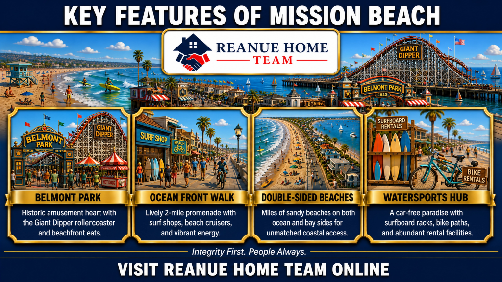 A clear beach community infographic titled Key Features of Mission Beach detailing four key highlights including Belmont Park Ocean Front Walk Double Sided Beaches and Watersports Hub illustrating a historic amusement park boardwalk bike rentals and surfboard racks